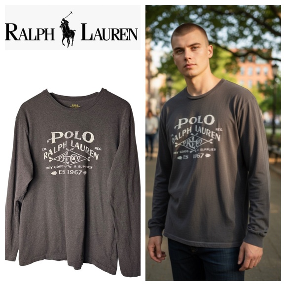 Ralph Lauren Polo Tee T-Shirt Long Sleeve Mens Sz Large Brown Logo 1967 Brown - Picture 1 of 4